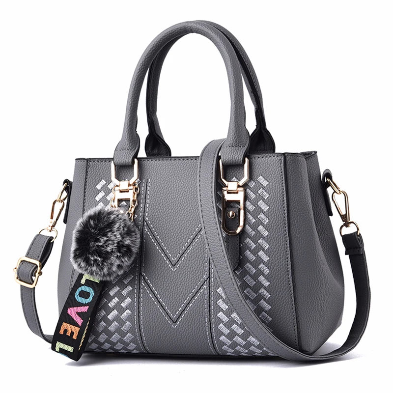 Embroidery Messenger Bags Women Leather Handbags Bags for Women Sac a Main Ladies hair ball Hand Bag