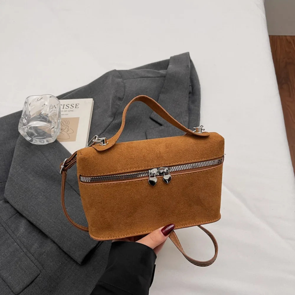 Retro Autumn Winter Matte Crossbody Bag Suede Textured Shoulder Bag Pure Color Box Design Evening Bags Women Handle Bag