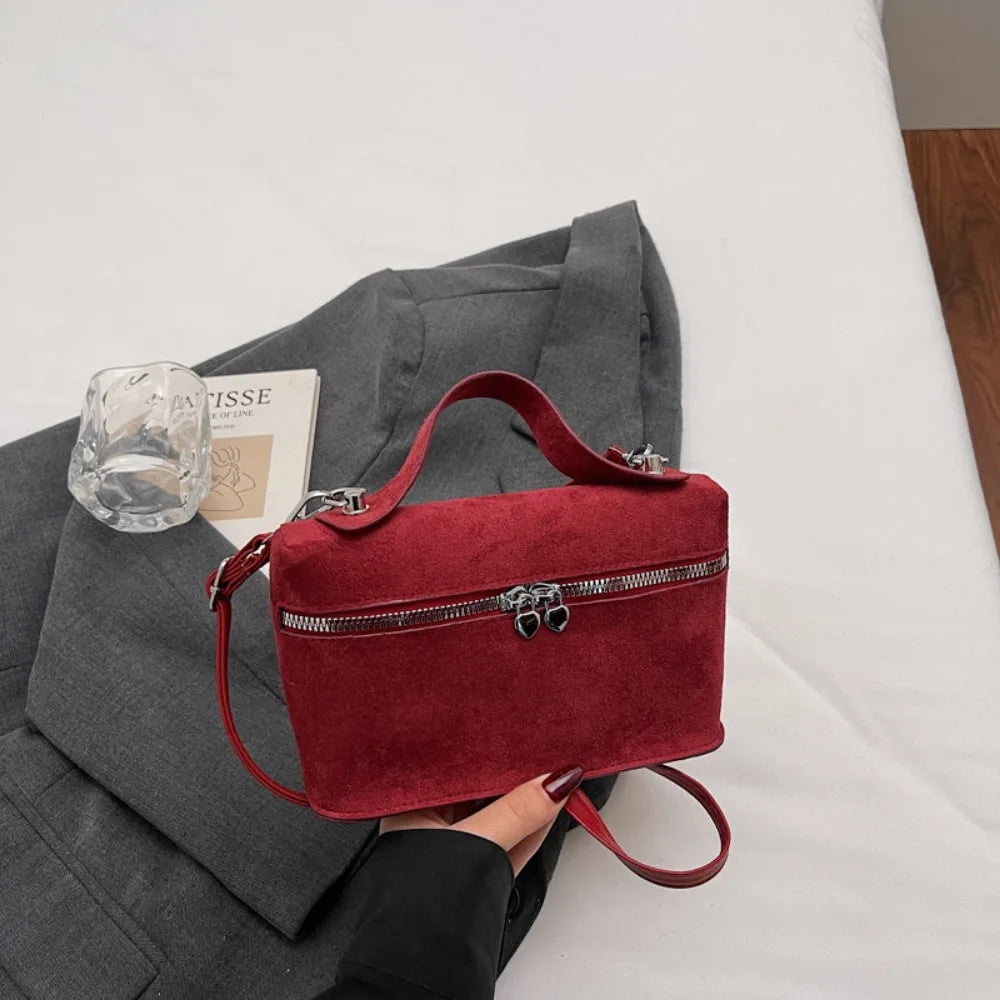 Retro Autumn Winter Matte Crossbody Bag Suede Textured Shoulder Bag Pure Color Box Design Evening Bags Women Handle Bag