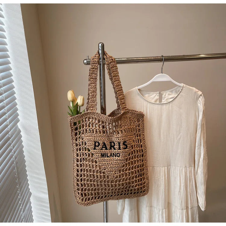 Fashion Straw Shoulder Bags Women Summer Hollow Woven Women's Shoulder Bag Large Capacity Letter Tote Handbag Holiday Beach Bags