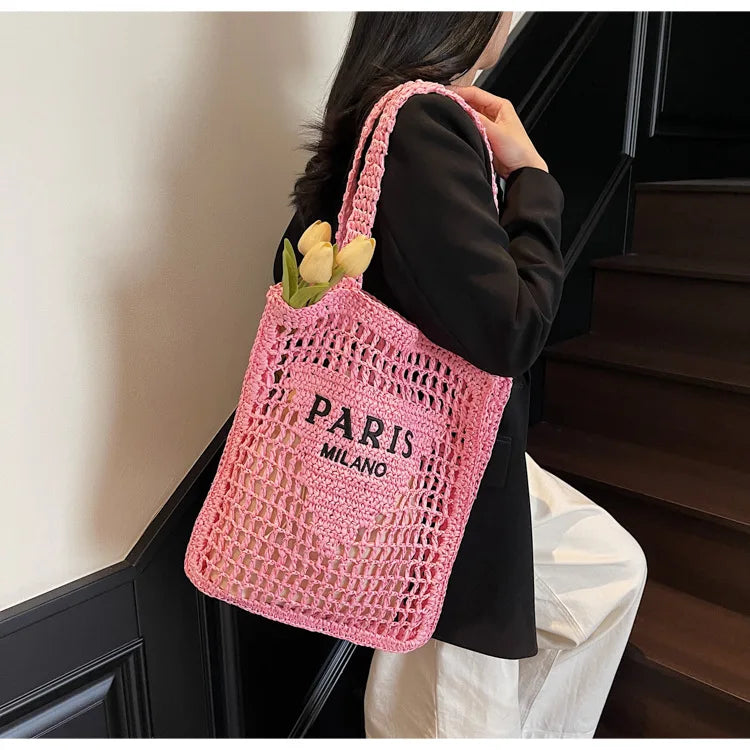 Fashion Straw Shoulder Bags Women Summer Hollow Woven Women's Shoulder Bag Large Capacity Letter Tote Handbag Holiday Beach Bags