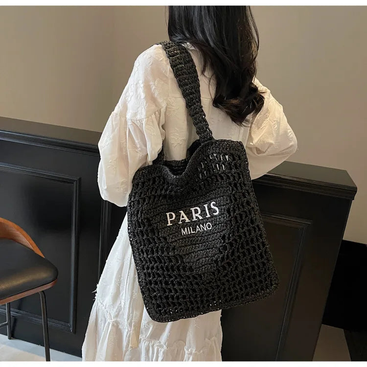 Fashion Straw Shoulder Bags Women Summer Hollow Woven Women's Shoulder Bag Large Capacity Letter Tote Handbag Holiday Beach Bags