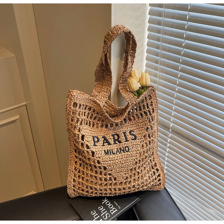 Fashion Straw Shoulder Bags Women Summer Hollow Woven Women's Shoulder Bag Large Capacity Letter Tote Handbag Holiday Beach Bags