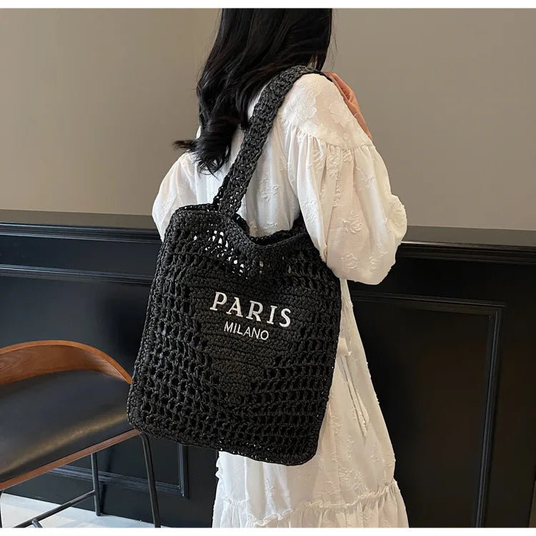 Fashion Straw Shoulder Bags Women Summer Hollow Woven Women's Shoulder Bag Large Capacity Letter Tote Handbag Holiday Beach Bags