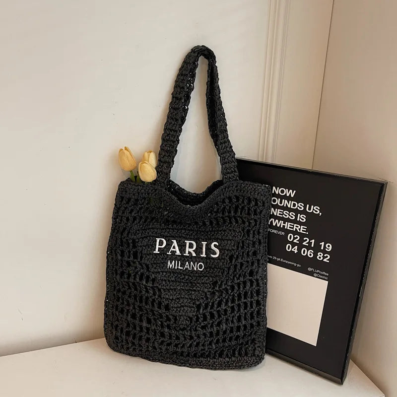 Fashion Straw Shoulder Bags Women Summer Hollow Woven Women's Shoulder Bag Large Capacity Letter Tote Handbag Holiday Beach Bags