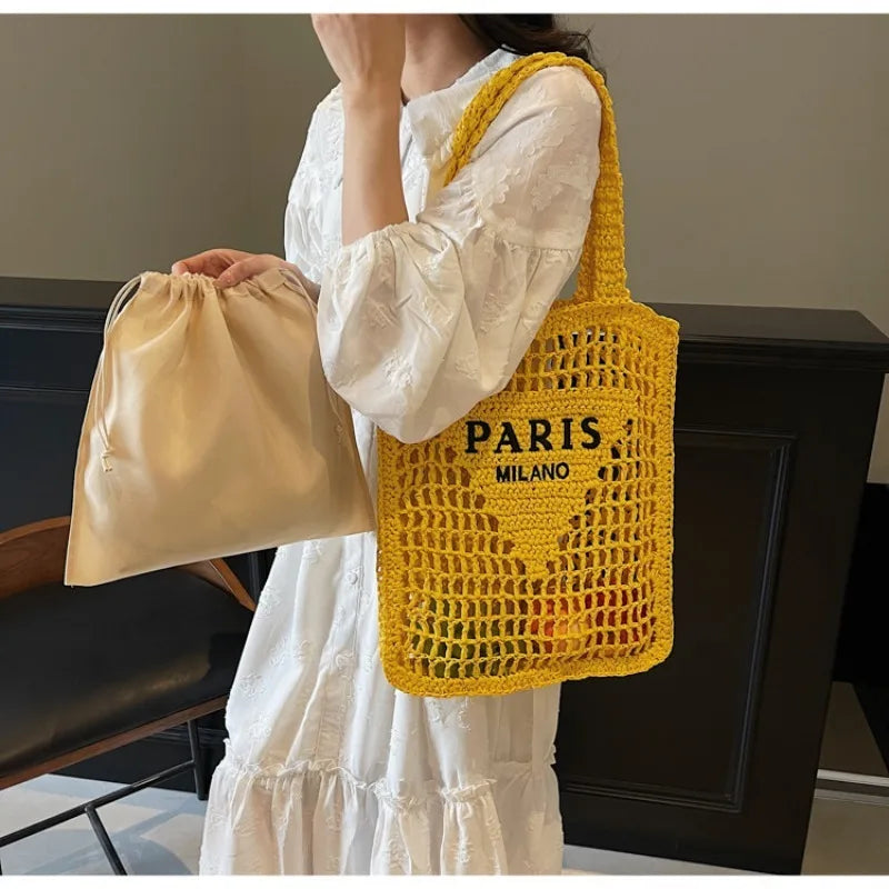 Fashion Straw Shoulder Bags Women Summer Hollow Woven Women's Shoulder Bag Large Capacity Letter Tote Handbag Holiday Beach Bags
