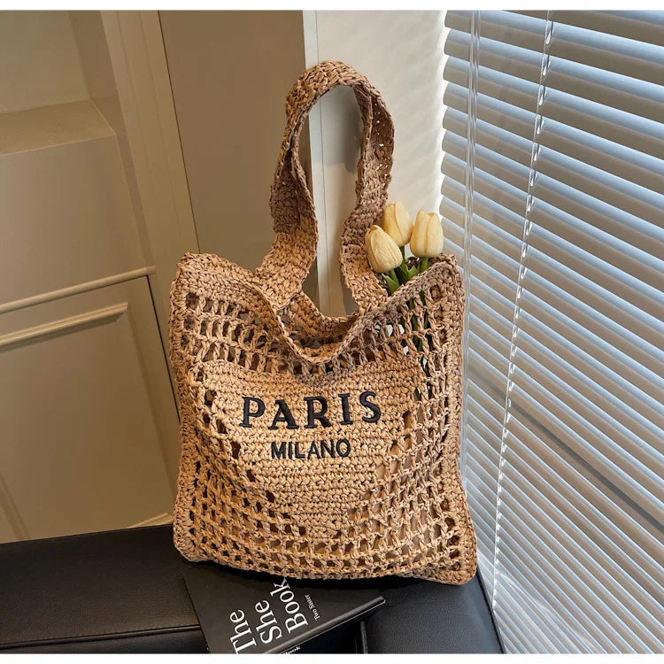 Fashion Straw Shoulder Bags Women Summer Hollow Woven Women's Shoulder Bag Large Capacity Letter Tote Handbag Holiday Beach Bags