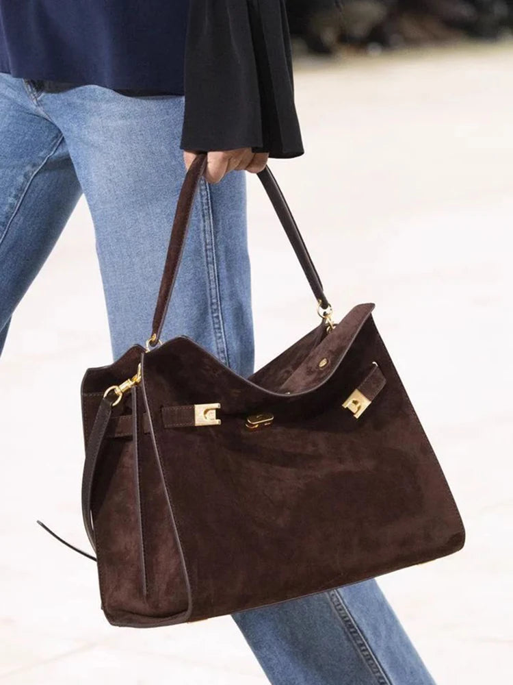 New Winter Luxury Brand Women Handbags Genuine Leather Shoulder Bags Women Retro Suede Leather Gold Buckle Square Bags Woman