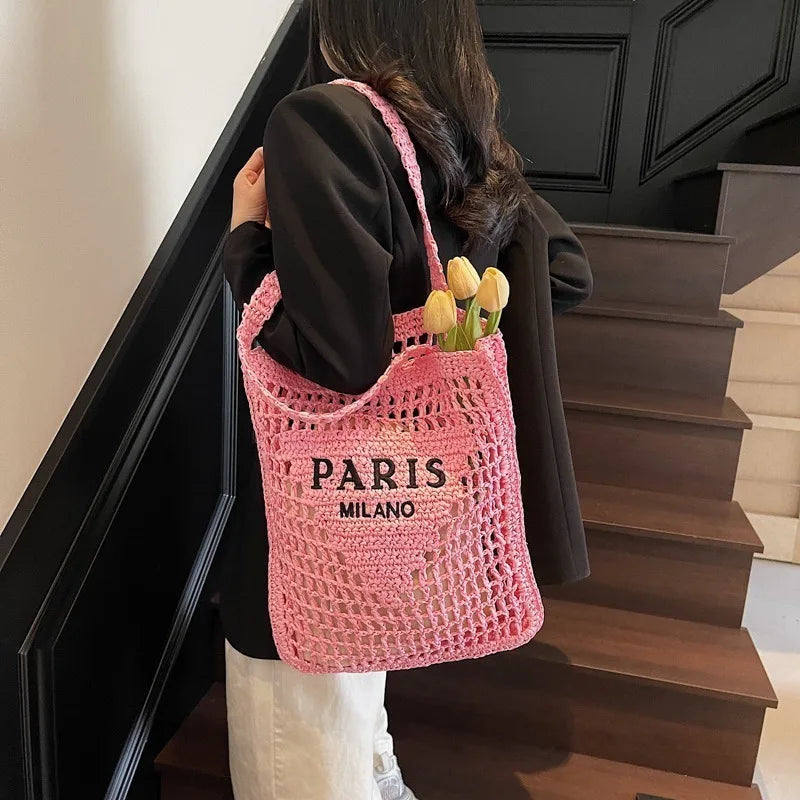 Fashion Straw Shoulder Bags Women Summer Hollow Woven Women's Shoulder Bag Large Capacity Letter Tote Handbag Holiday Beach Bags