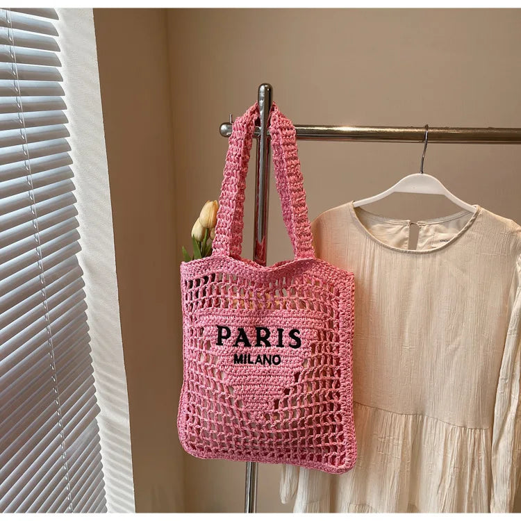 Fashion Straw Shoulder Bags Women Summer Hollow Woven Women's Shoulder Bag Large Capacity Letter Tote Handbag Holiday Beach Bags