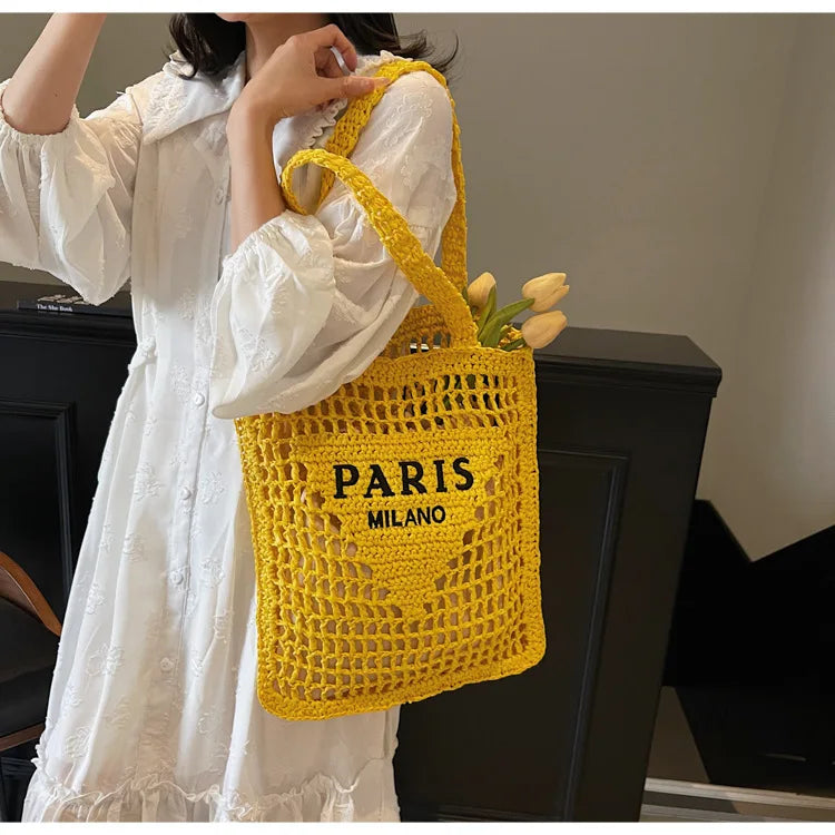 Fashion Straw Shoulder Bags Women Summer Hollow Woven Women's Shoulder Bag Large Capacity Letter Tote Handbag Holiday Beach Bags