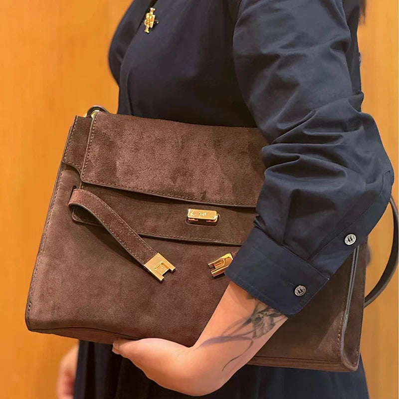 New Winter Luxury Brand Women Handbags Genuine Leather Shoulder Bags Women Retro Suede Leather Gold Buckle Square Bags Woman
