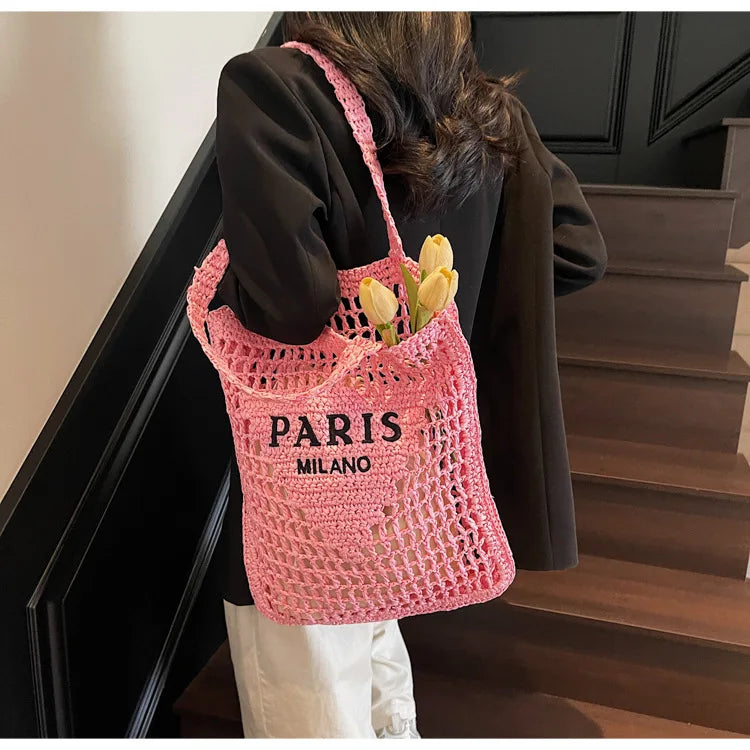 Fashion Straw Shoulder Bags Women Summer Hollow Woven Women's Shoulder Bag Large Capacity Letter Tote Handbag Holiday Beach Bags