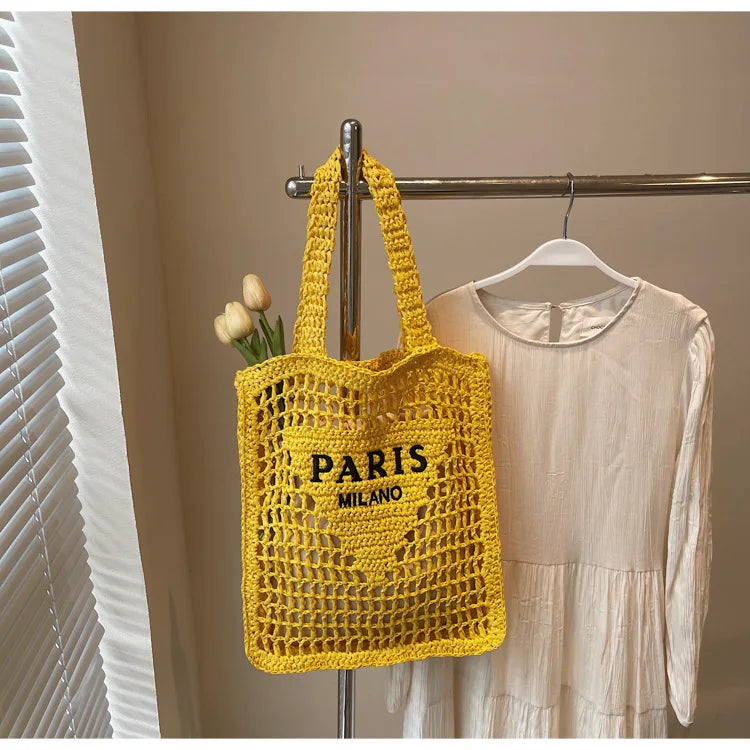 Fashion Straw Shoulder Bags Women Summer Hollow Woven Women's Shoulder Bag Large Capacity Letter Tote Handbag Holiday Beach Bags