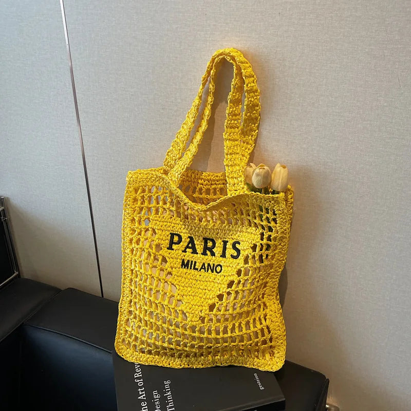 Fashion Straw Shoulder Bags Women Summer Hollow Woven Women's Shoulder Bag Large Capacity Letter Tote Handbag Holiday Beach Bags