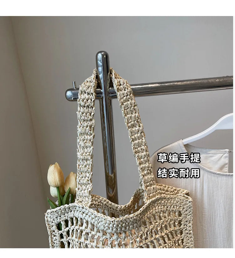 Fashion Straw Shoulder Bags Women Summer Hollow Woven Women's Shoulder Bag Large Capacity Letter Tote Handbag Holiday Beach Bags