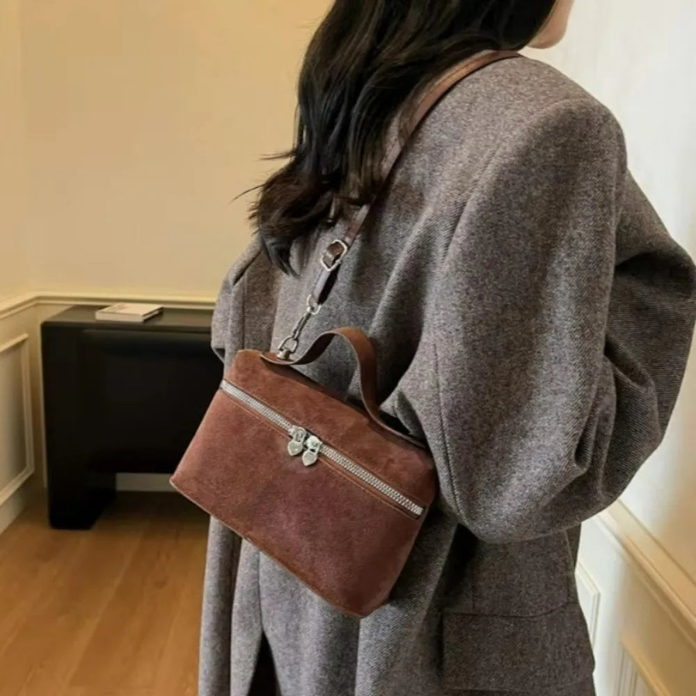 Retro Autumn Winter Matte Crossbody Bag Suede Textured Shoulder Bag Pure Color Box Design Evening Bags Women Handle Bag