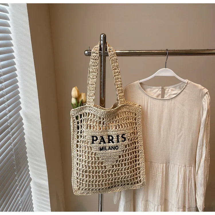 Fashion Straw Shoulder Bags Women Summer Hollow Woven Women's Shoulder Bag Large Capacity Letter Tote Handbag Holiday Beach Bags