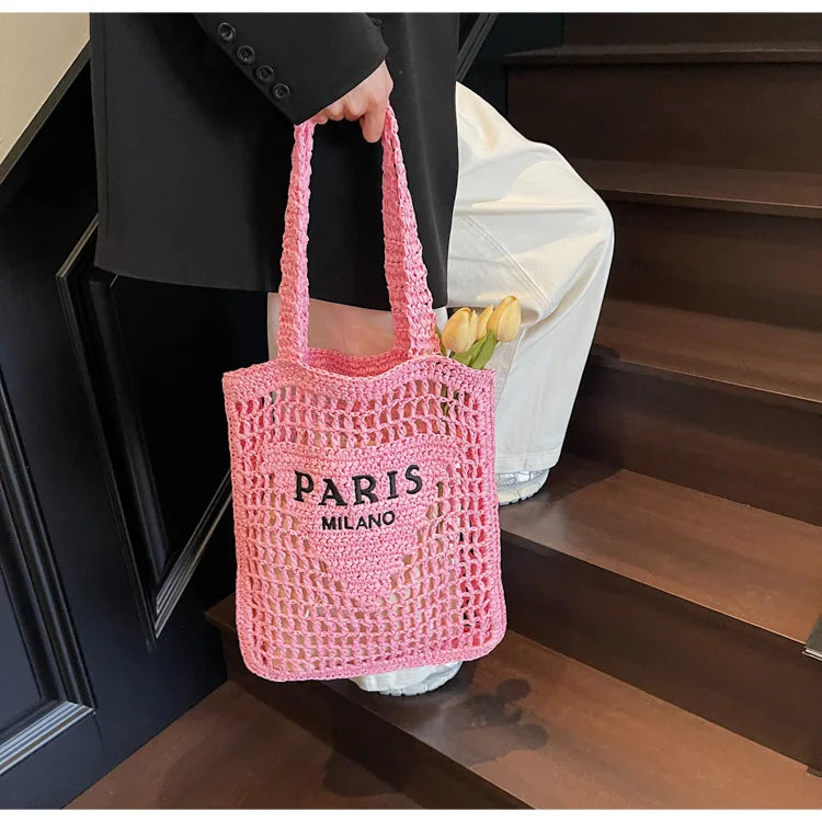 Fashion Straw Shoulder Bags Women Summer Hollow Woven Women's Shoulder Bag Large Capacity Letter Tote Handbag Holiday Beach Bags