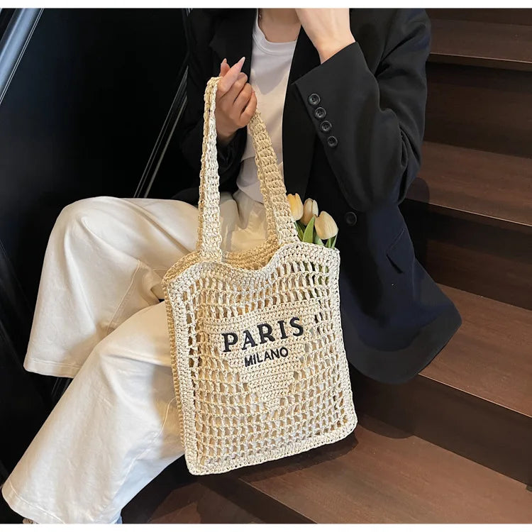 Fashion Straw Shoulder Bags Women Summer Hollow Woven Women's Shoulder Bag Large Capacity Letter Tote Handbag Holiday Beach Bags