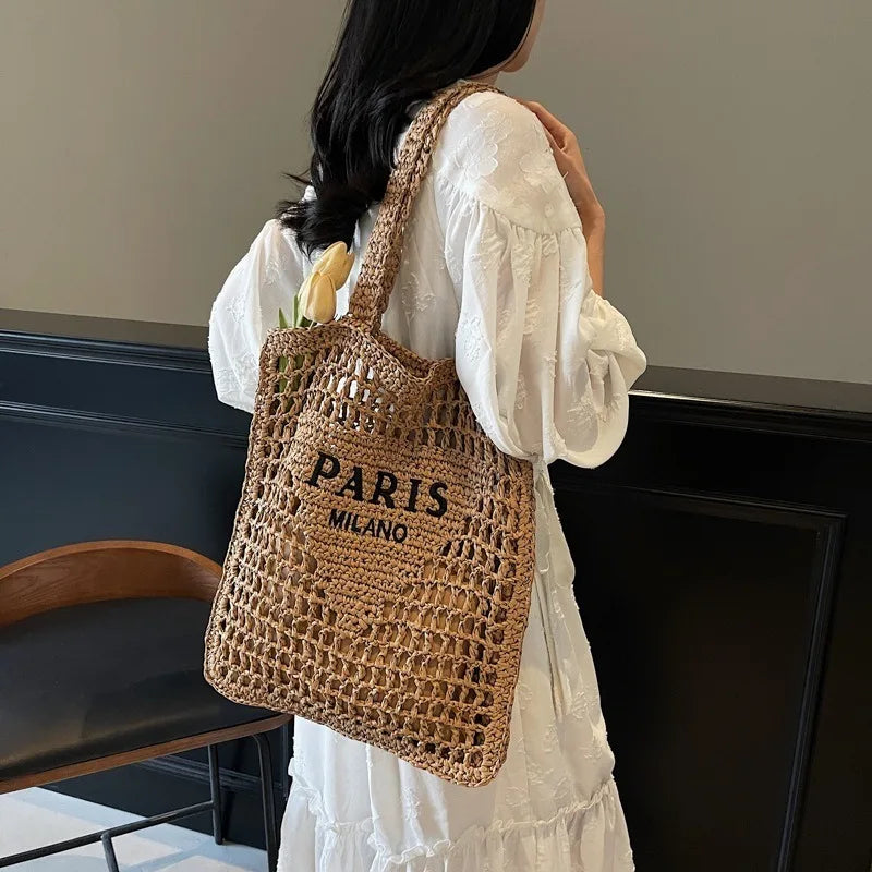 Fashion Straw Shoulder Bags Women Summer Hollow Woven Women's Shoulder Bag Large Capacity Letter Tote Handbag Holiday Beach Bags
