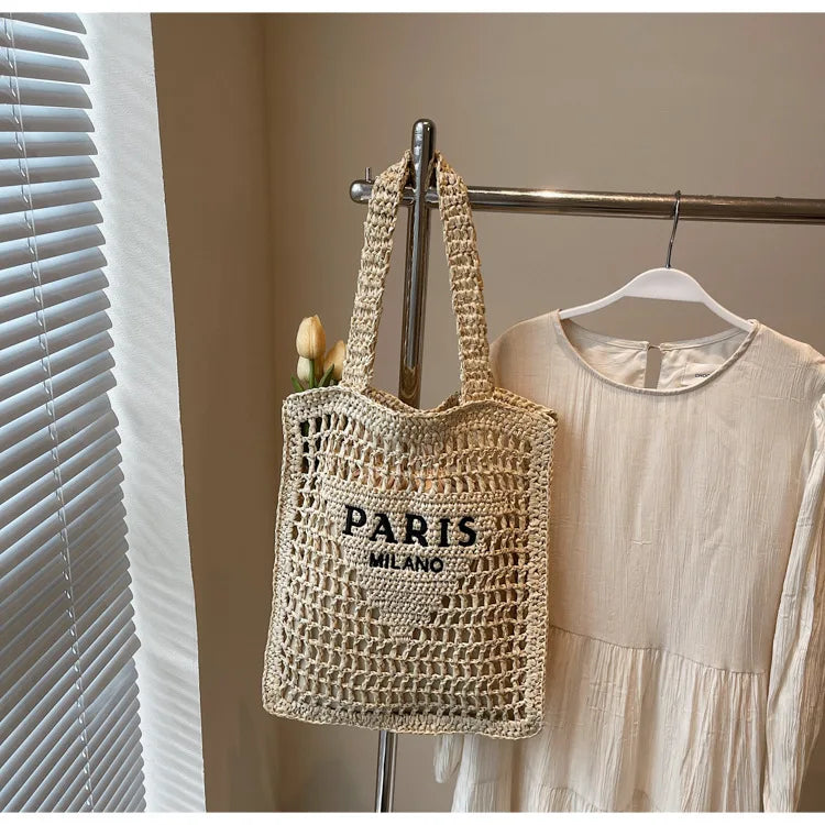 Fashion Straw Shoulder Bags Women Summer Hollow Woven Women's Shoulder Bag Large Capacity Letter Tote Handbag Holiday Beach Bags