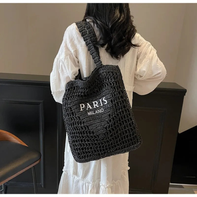 Fashion Straw Shoulder Bags Women Summer Hollow Woven Women's Shoulder Bag Large Capacity Letter Tote Handbag Holiday Beach Bags