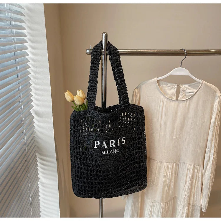 Fashion Straw Shoulder Bags Women Summer Hollow Woven Women's Shoulder Bag Large Capacity Letter Tote Handbag Holiday Beach Bags
