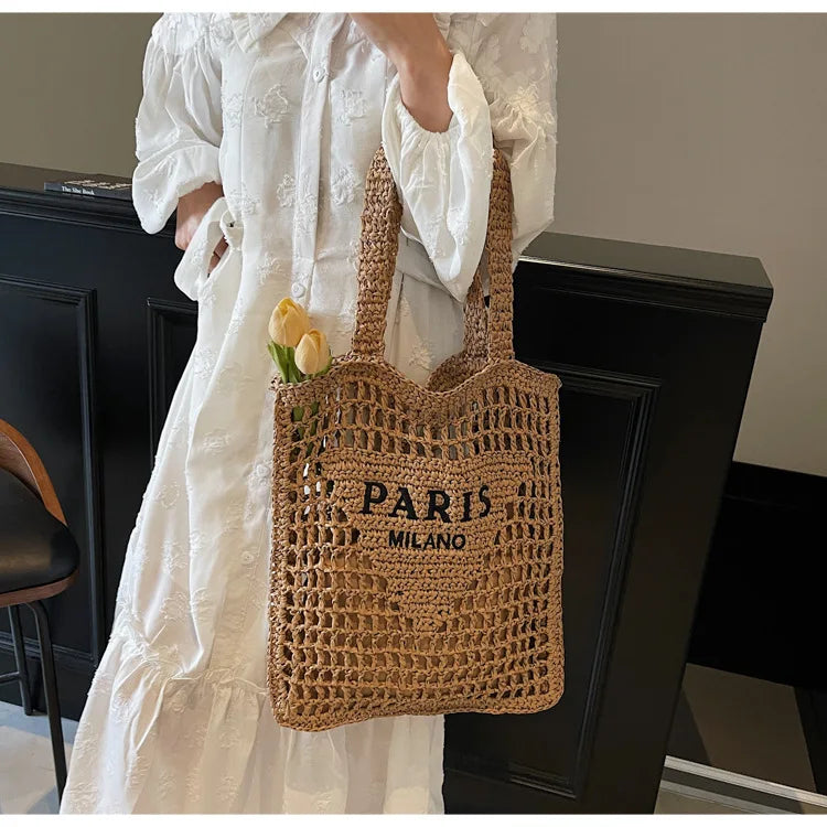 Fashion Straw Shoulder Bags Women Summer Hollow Woven Women's Shoulder Bag Large Capacity Letter Tote Handbag Holiday Beach Bags