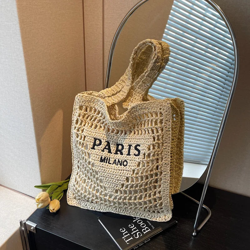 Fashion Straw Shoulder Bags Women Summer Hollow Woven Women's Shoulder Bag Large Capacity Letter Tote Handbag Holiday Beach Bags