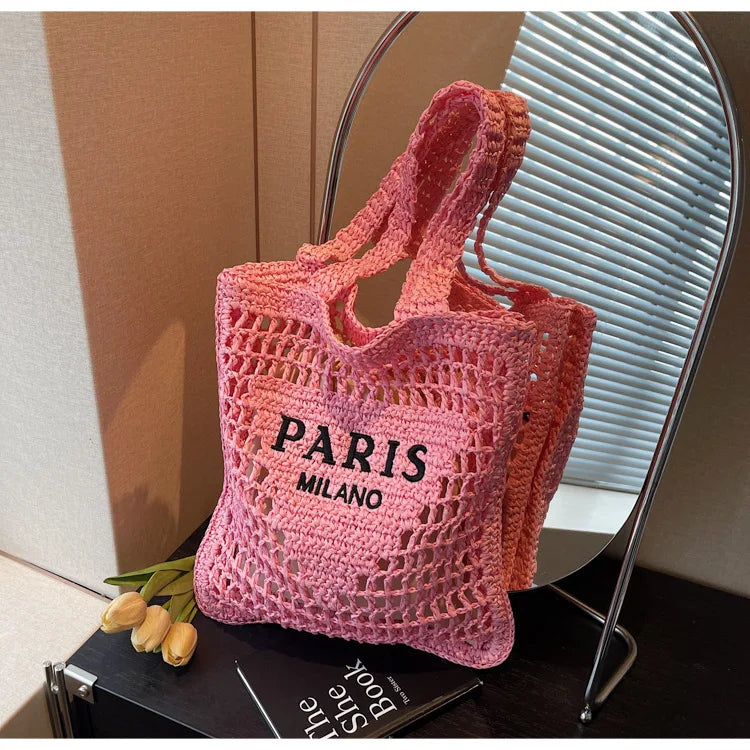 Fashion Straw Shoulder Bags Women Summer Hollow Woven Women's Shoulder Bag Large Capacity Letter Tote Handbag Holiday Beach Bags