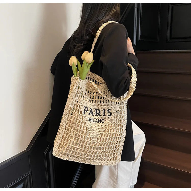 Fashion Straw Shoulder Bags Women Summer Hollow Woven Women's Shoulder Bag Large Capacity Letter Tote Handbag Holiday Beach Bags