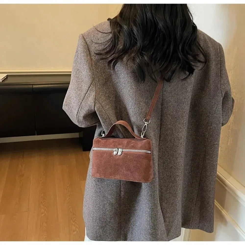 Retro Autumn Winter Matte Crossbody Bag Suede Textured Shoulder Bag Pure Color Box Design Evening Bags Women Handle Bag
