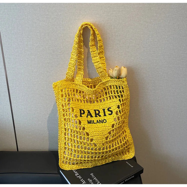 Fashion Straw Shoulder Bags Women Summer Hollow Woven Women's Shoulder Bag Large Capacity Letter Tote Handbag Holiday Beach Bags