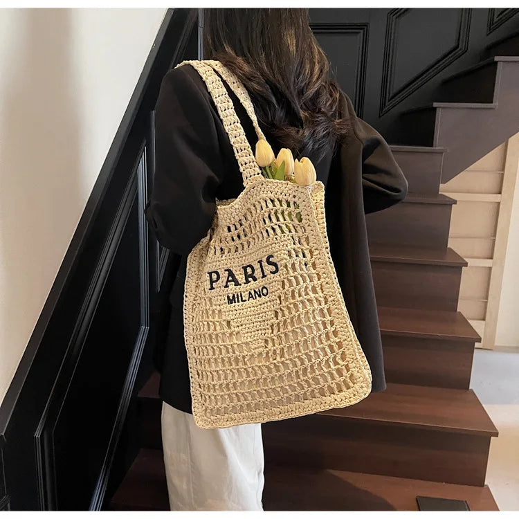Fashion Straw Shoulder Bags Women Summer Hollow Woven Women's Shoulder Bag Large Capacity Letter Tote Handbag Holiday Beach Bags