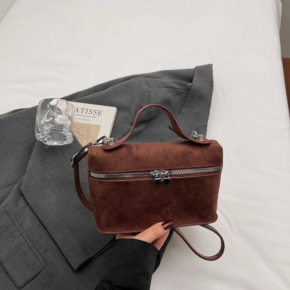 Retro Autumn Winter Matte Crossbody Bag Suede Textured Shoulder Bag Pure Color Box Design Evening Bags Women Handle Bag
