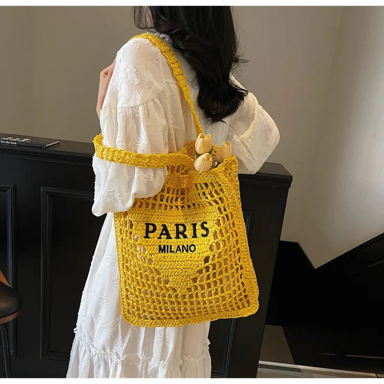 Fashion Straw Shoulder Bags Women Summer Hollow Woven Women's Shoulder Bag Large Capacity Letter Tote Handbag Holiday Beach Bags