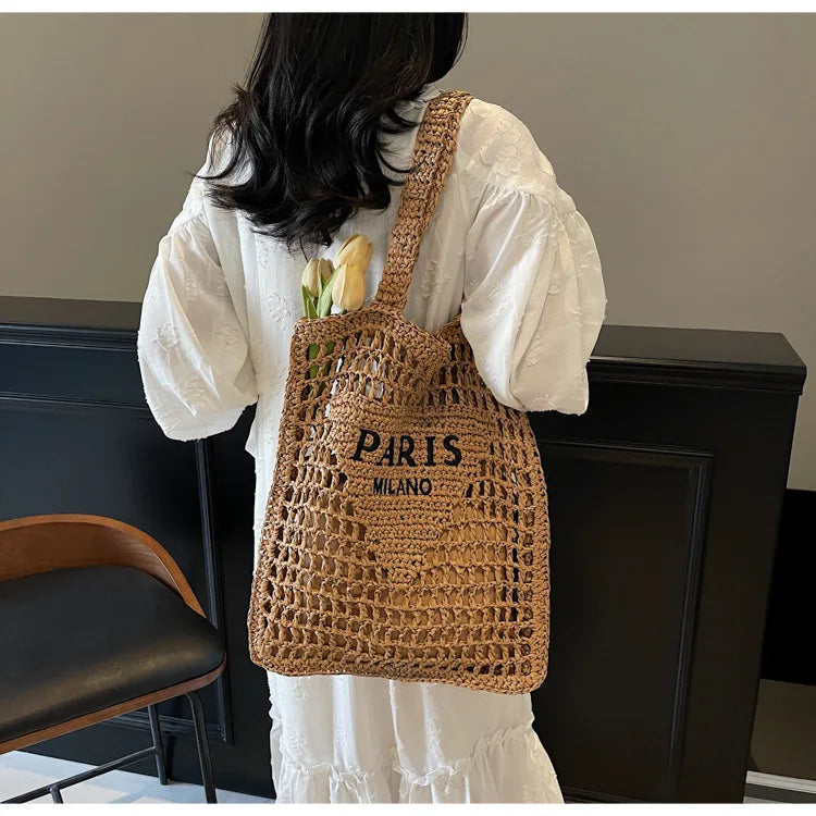 Fashion Straw Shoulder Bags Women Summer Hollow Woven Women's Shoulder Bag Large Capacity Letter Tote Handbag Holiday Beach Bags