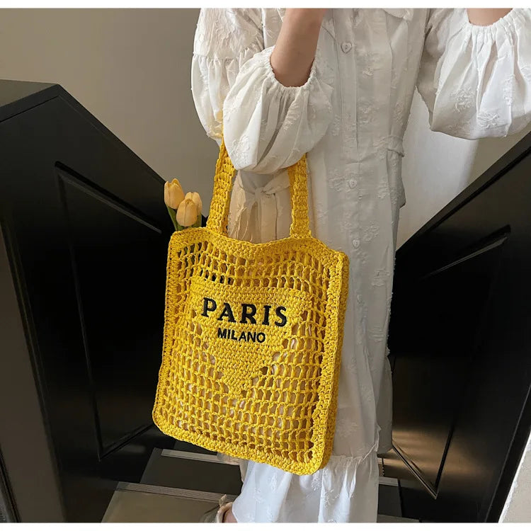 Fashion Straw Shoulder Bags Women Summer Hollow Woven Women's Shoulder Bag Large Capacity Letter Tote Handbag Holiday Beach Bags
