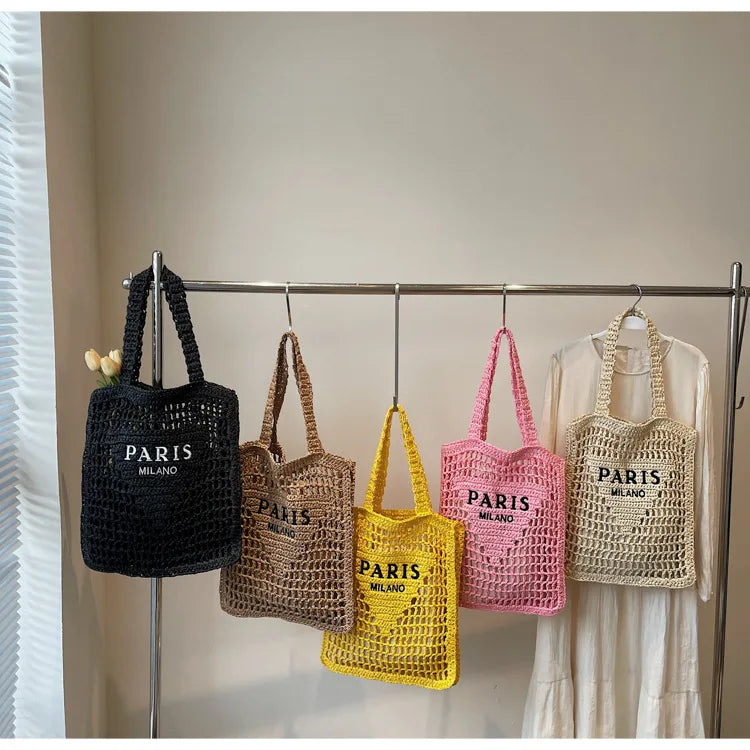 Fashion Straw Shoulder Bags Women Summer Hollow Woven Women's Shoulder Bag Large Capacity Letter Tote Handbag Holiday Beach Bags