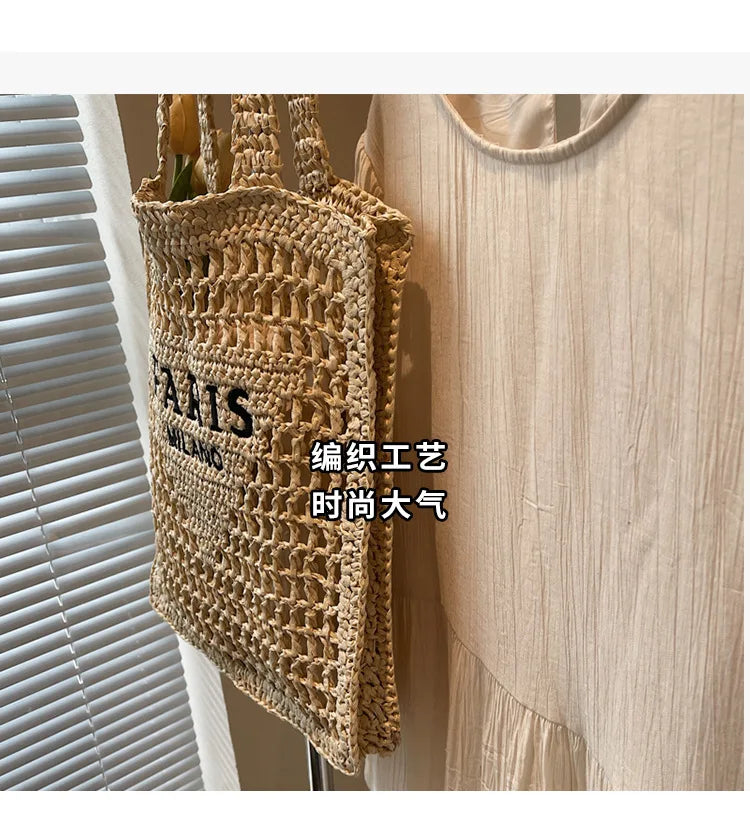 Fashion Straw Shoulder Bags Women Summer Hollow Woven Women's Shoulder Bag Large Capacity Letter Tote Handbag Holiday Beach Bags
