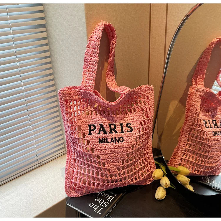 Fashion Straw Shoulder Bags Women Summer Hollow Woven Women's Shoulder Bag Large Capacity Letter Tote Handbag Holiday Beach Bags