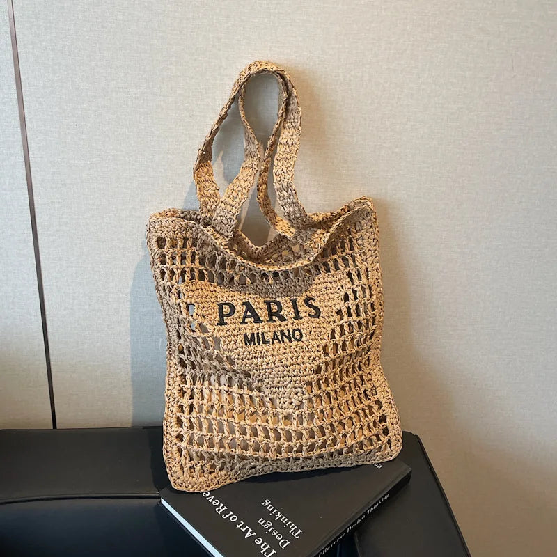 Fashion Straw Shoulder Bags Women Summer Hollow Woven Women's Shoulder Bag Large Capacity Letter Tote Handbag Holiday Beach Bags