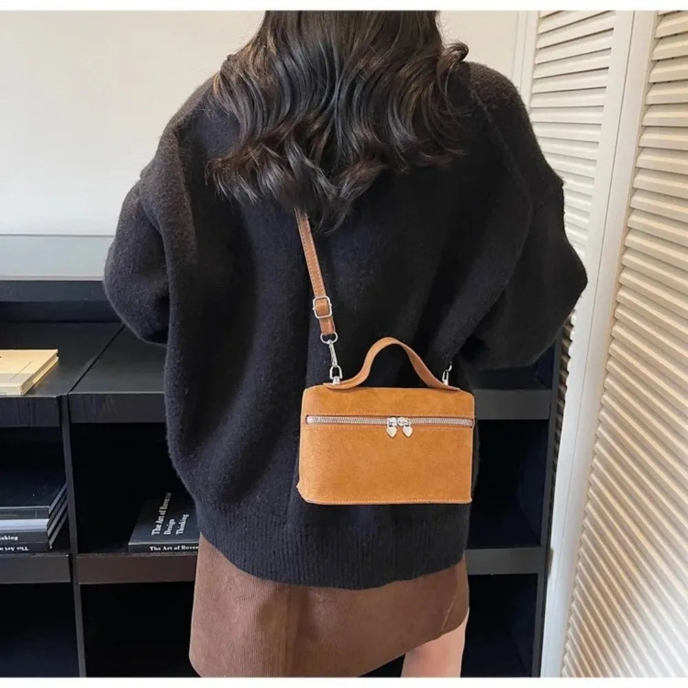 Retro Autumn Winter Matte Crossbody Bag Suede Textured Shoulder Bag Pure Color Box Design Evening Bags Women Handle Bag