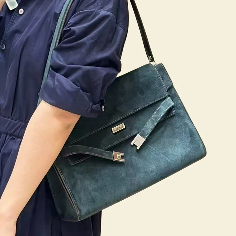New Winter Luxury Brand Women Handbags Genuine Leather Shoulder Bags Women Retro Suede Leather Gold Buckle Square Bags Woman