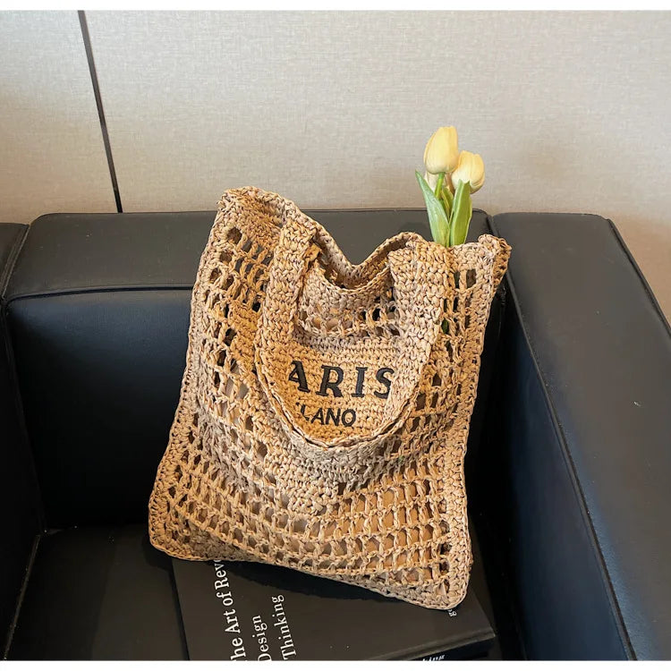 Fashion Straw Shoulder Bags Women Summer Hollow Woven Women's Shoulder Bag Large Capacity Letter Tote Handbag Holiday Beach Bags