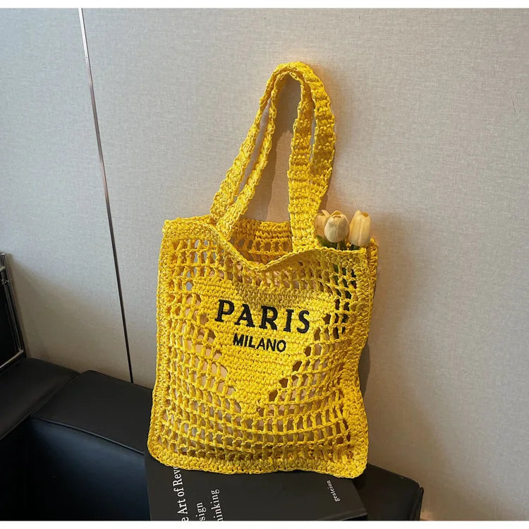 Fashion Straw Shoulder Bags Women Summer Hollow Woven Women's Shoulder Bag Large Capacity Letter Tote Handbag Holiday Beach Bags
