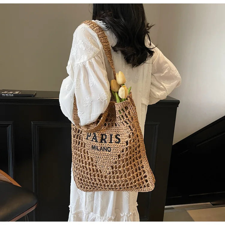 Fashion Straw Shoulder Bags Women Summer Hollow Woven Women's Shoulder Bag Large Capacity Letter Tote Handbag Holiday Beach Bags