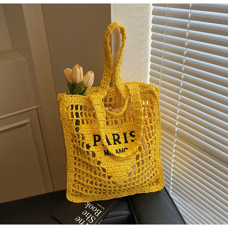 Fashion Straw Shoulder Bags Women Summer Hollow Woven Women's Shoulder Bag Large Capacity Letter Tote Handbag Holiday Beach Bags