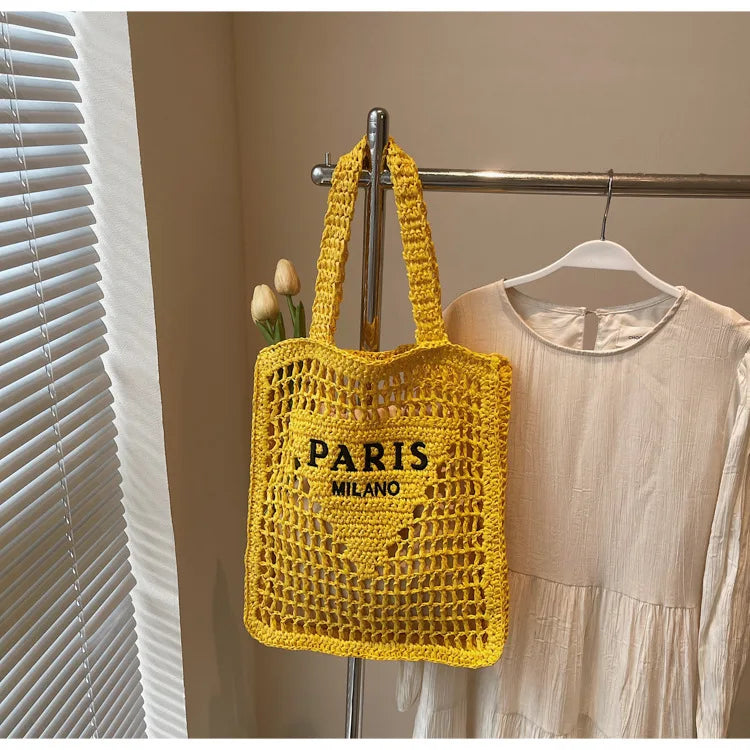 Fashion Straw Shoulder Bags Women Summer Hollow Woven Women's Shoulder Bag Large Capacity Letter Tote Handbag Holiday Beach Bags